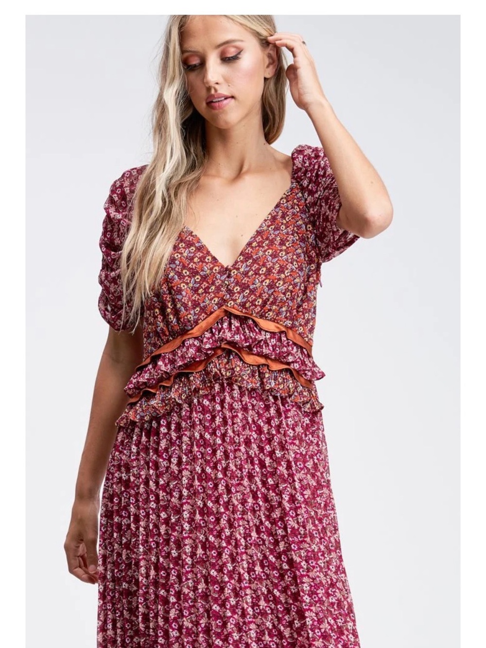 Floral Ruffle Maxi Dress in Burgundy